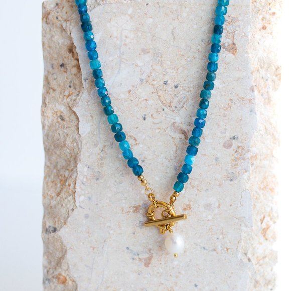 Blue Apatite Gemstone Necklace Gold Toggle Clasp Removable Baroque Pearl - Picture 5 of 16